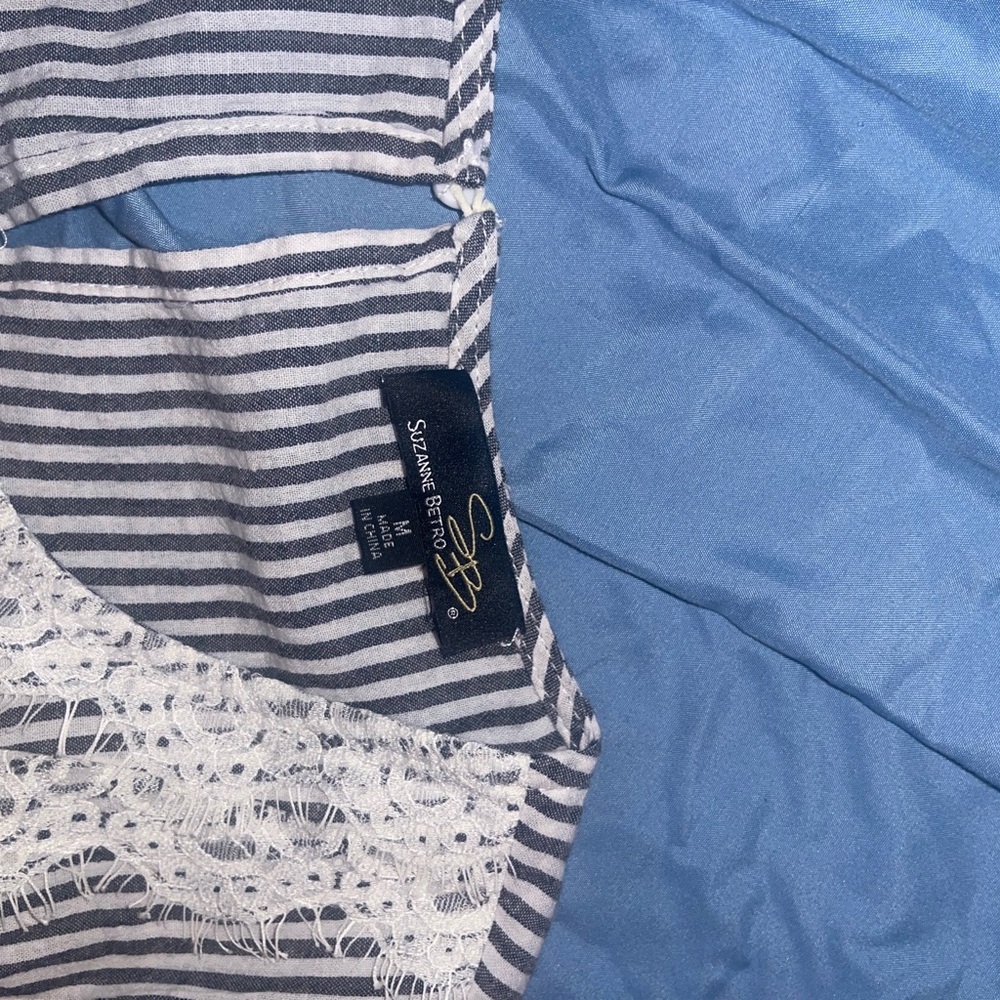 Suzanne Betro Navy and White Striped Top with Lace